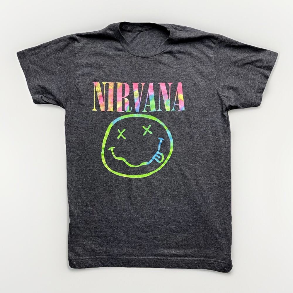 Nirvana Shirt Womens Size Small Gray Rainbow Smiley Short Sleeve Band Tee Color